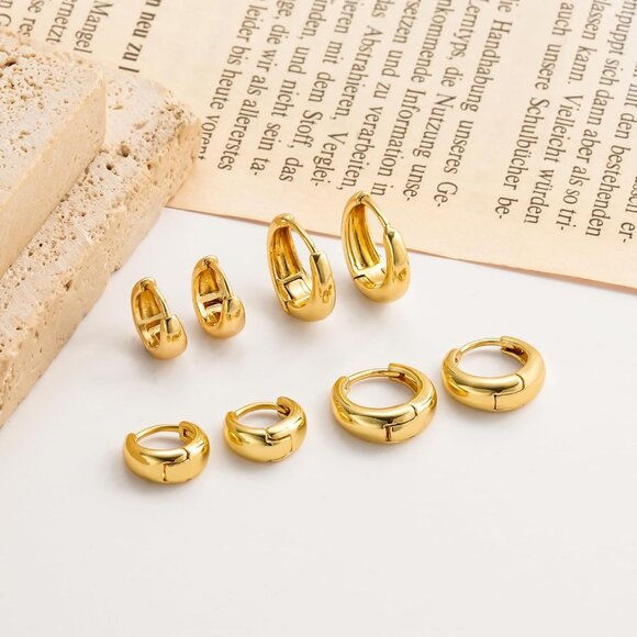4 Pairs Small Chunky Huggie Hoop Earrings for Women - Dainty 14K Gold Plated Hyp - Picture 6 of 8